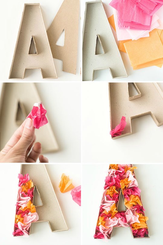 Letras de cartón decoradas con papel de seda